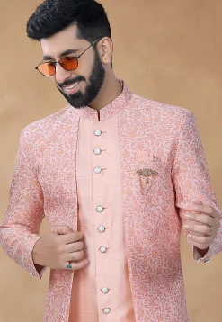 Woven Art Silk Jacket Style Sherwani in Peach