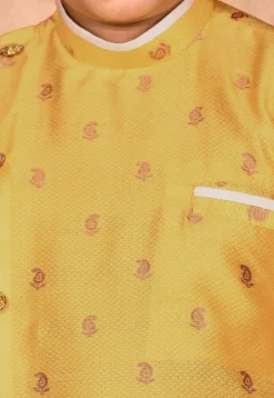 Woven Art Silk Jacquard Asymmetric Sherwani in Yellow