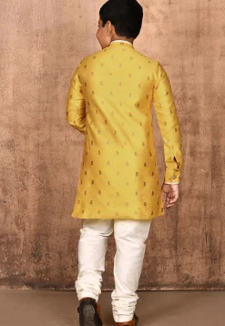 Woven Art Silk Jacquard Asymmetric Sherwani in Yellow
