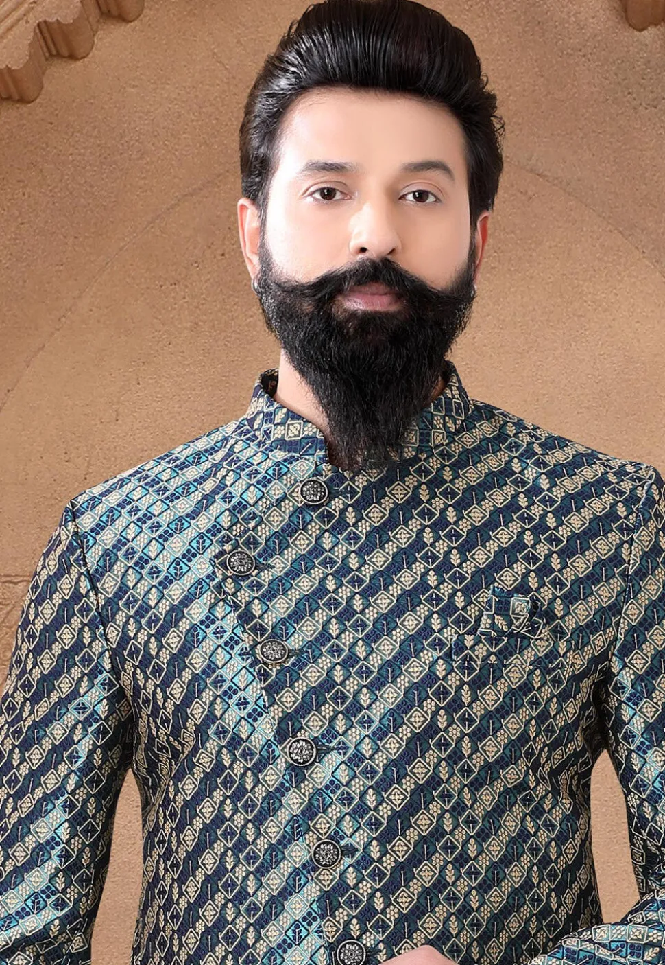 Woven Art Silk Jacquard Asymmetric Jodhpuri Suit in Teal Blue