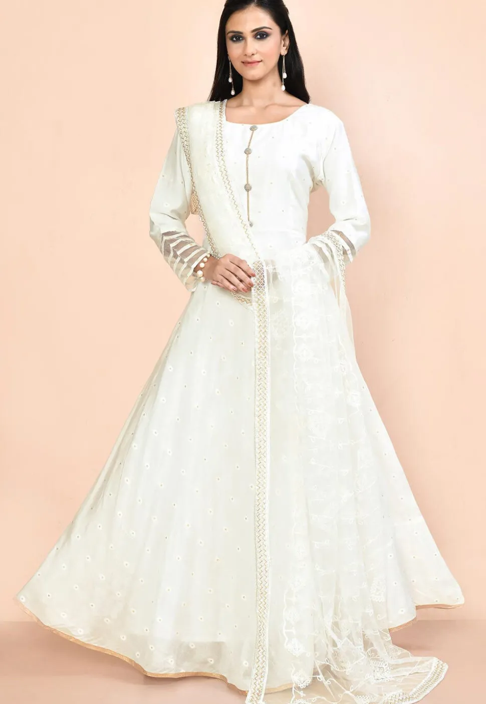 Woven Art Silk Jacquard Abaya Style Suit in White