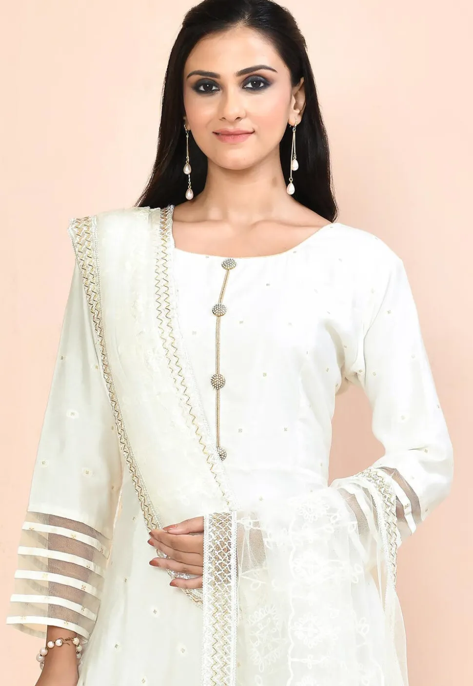 Woven Art Silk Jacquard Abaya Style Suit in White