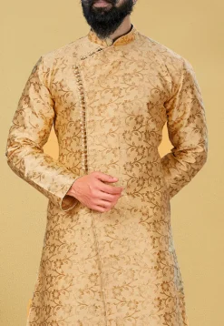 Woven Art Silk Jacquard Asymmetric Dhoti Sherwani in Beige