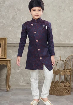 Woven Art Silk Jacquard Asymmetric Sherwani in Navy Blue