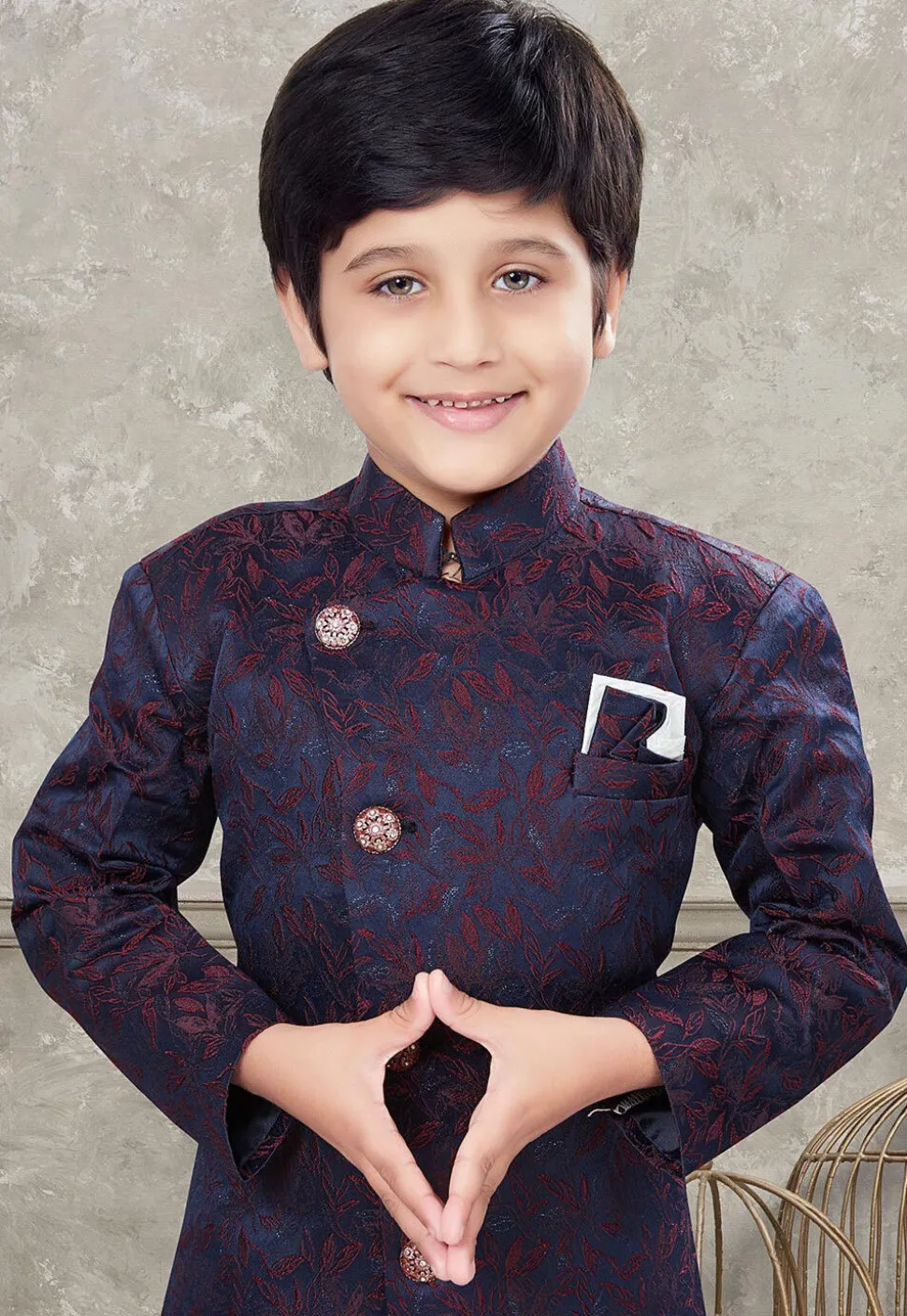 Woven Art Silk Jacquard Asymmetric Sherwani in Navy Blue