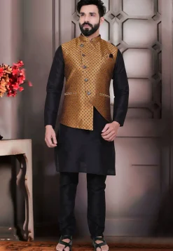 Woven Art SIlk Jacquard Asymmetric Nehru Jacket in Golden