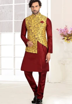 Woven Art Silk Jacquard Asymmetric Nehru Jacket in Mustard