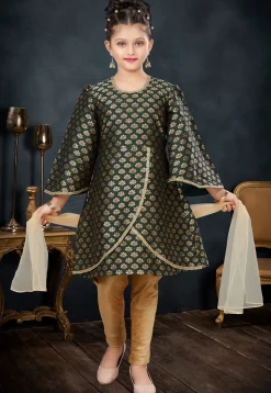 Woven Art Silk Jacquard A Line Suit in Dark Green