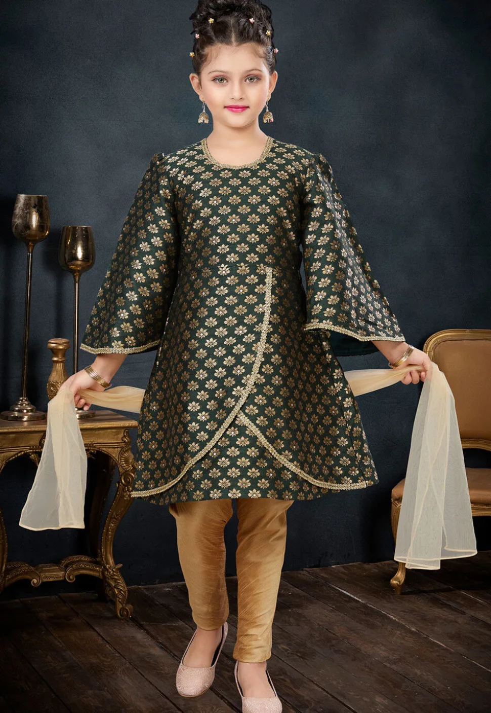 Woven Art Silk Jacquard A Line Suit in Dark Green