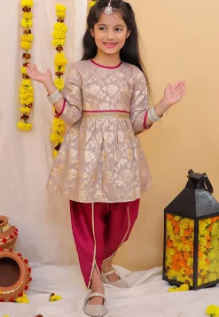 Woven Art Silk Jacquard A Line Kurta Set in Dusty Purple