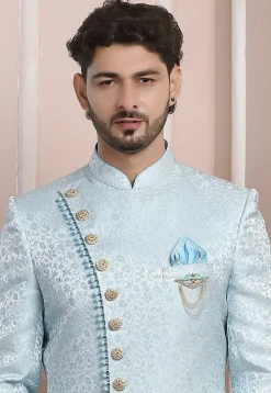 Woven Art Silk Jacquard Asymmetric Sherwani in Sky Blue