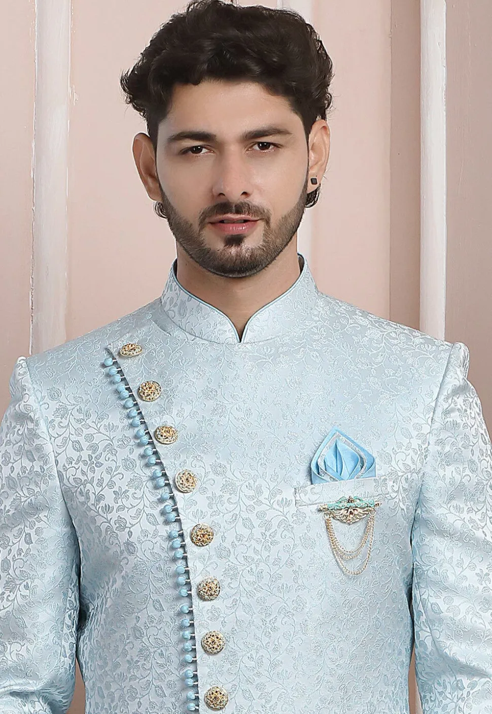 Woven Art Silk Jacquard Asymmetric Sherwani in Sky Blue