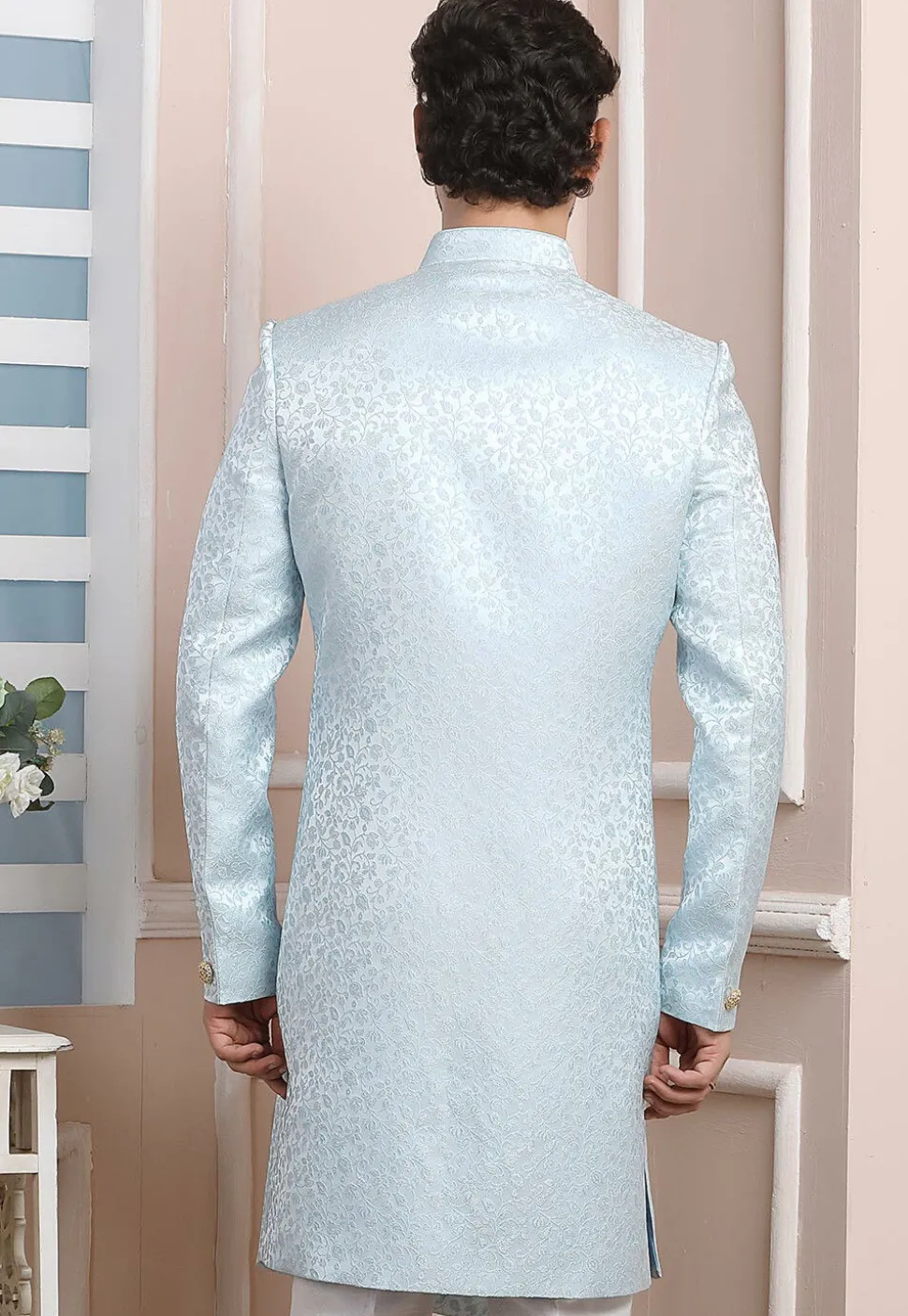 Woven Art Silk Jacquard Asymmetric Sherwani in Sky Blue