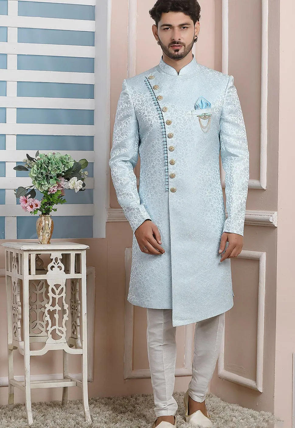 Woven Art Silk Jacquard Asymmetric Sherwani in Sky Blue