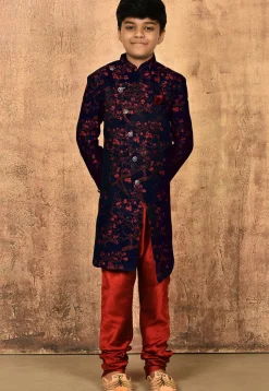 Woven Art Silk Jacquard Asymmetric Sherwani in Navy Blue