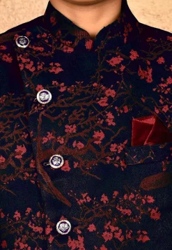 Woven Art Silk Jacquard Asymmetric Sherwani in Navy Blue