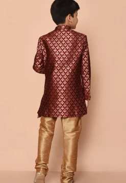 Woven Art Silk Jacquard Asymmetric Kurta Set in Maroon