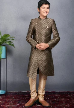 Woven Art Silk Jacquard Asymmetric Sherwani in Beige