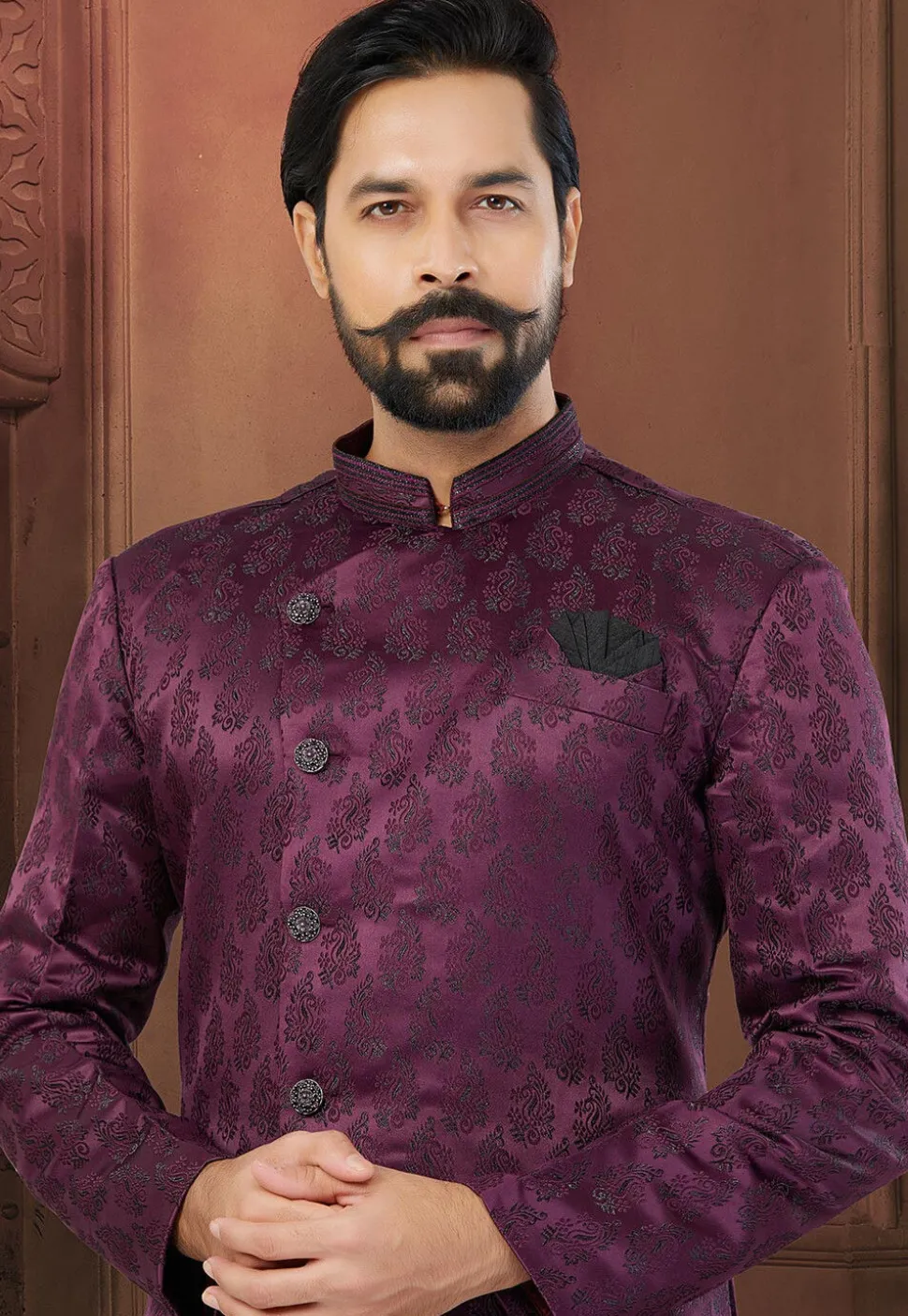 Woven Art Silk Jacquard Asymmetric Sherwani in Wine