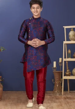 Woven Art Silk Jacquard Asymmetric Sherwani in Navy Blue