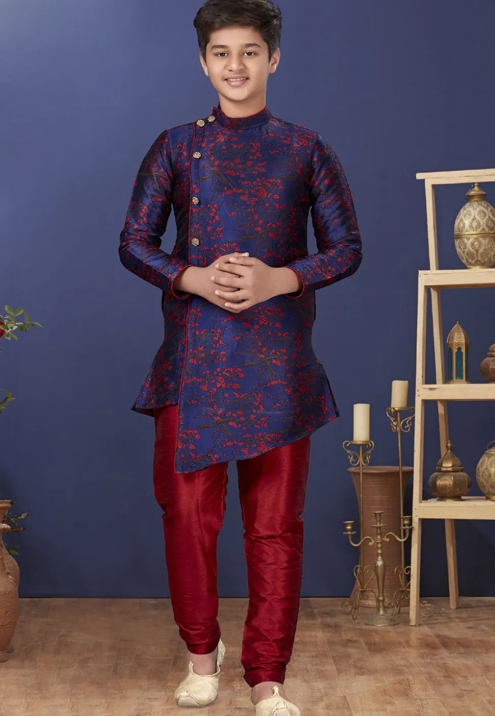 Woven Art Silk Jacquard Asymmetric Sherwani in Navy Blue