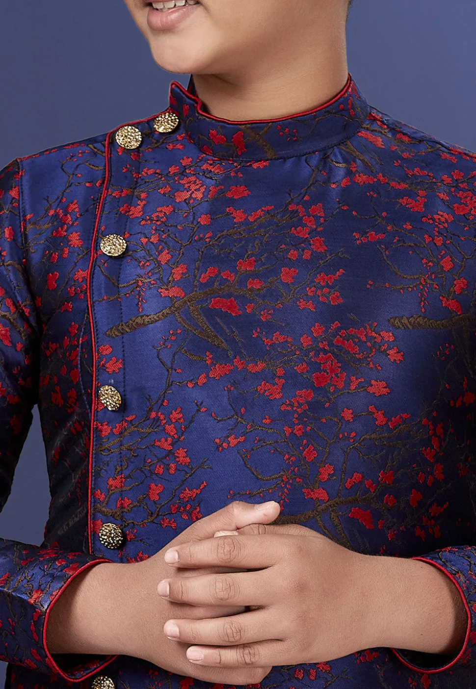 Woven Art Silk Jacquard Asymmetric Sherwani in Navy Blue
