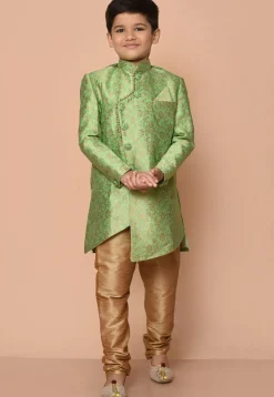 Woven Art Silk Jacquard Asymmetric Kurta Set in Green