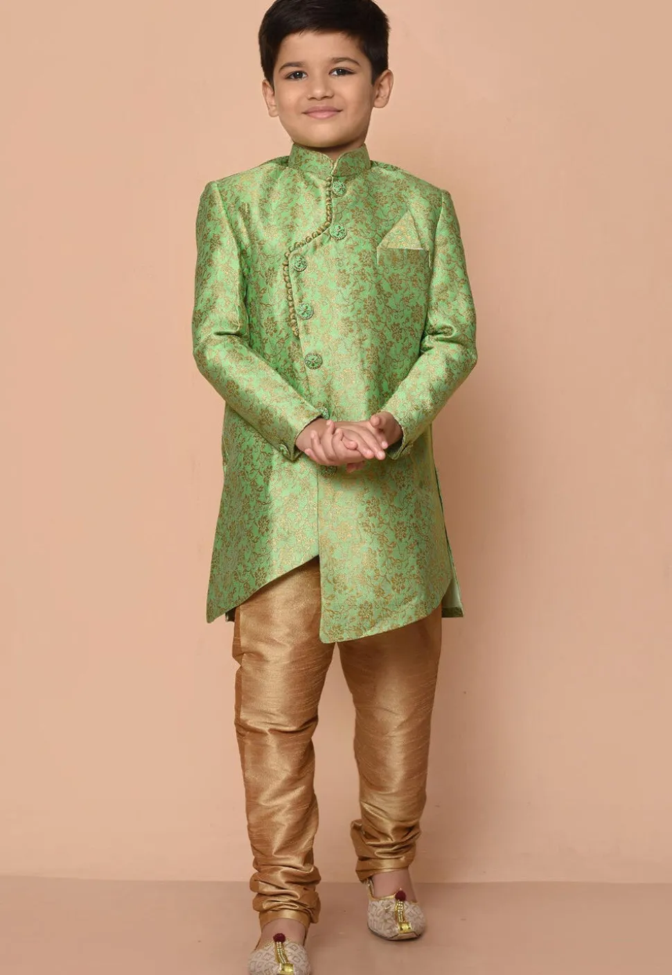 Woven Art Silk Jacquard Asymmetric Kurta Set in Green