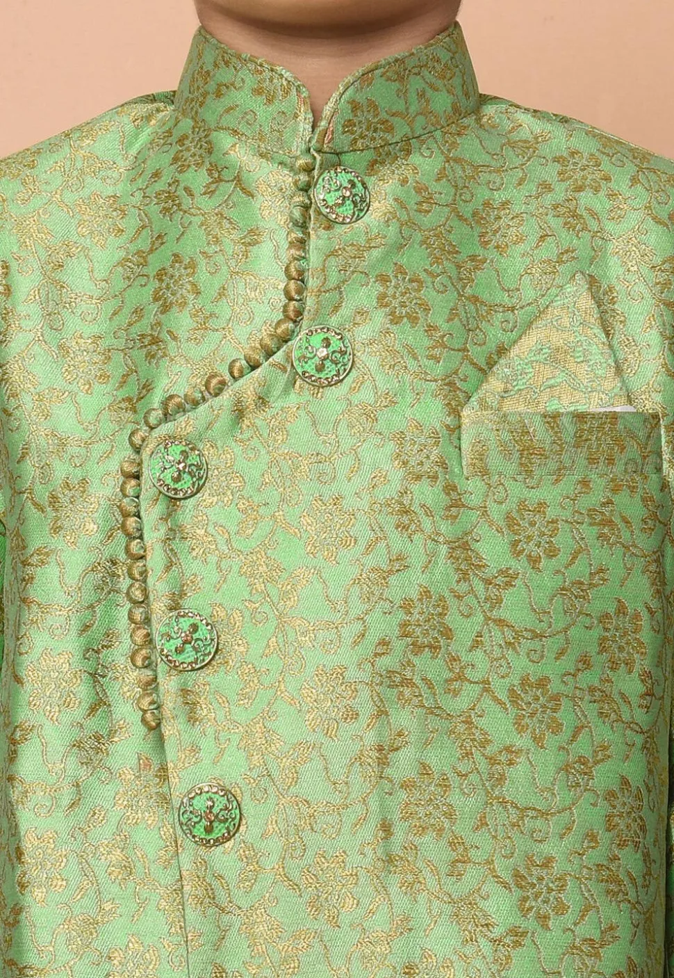 Woven Art Silk Jacquard Asymmetric Kurta Set in Green