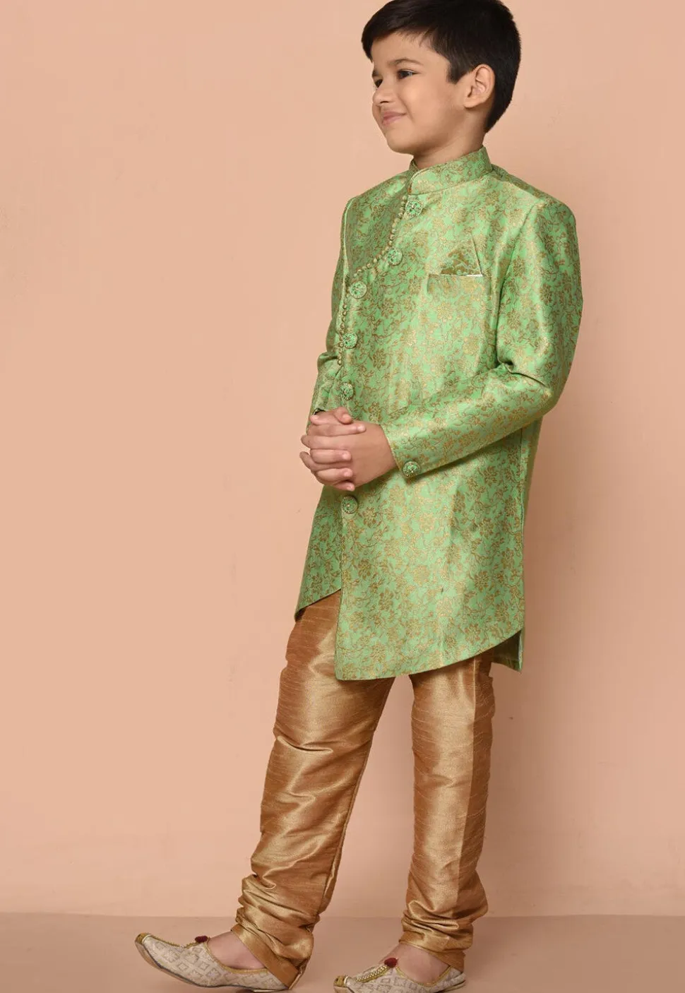 Woven Art Silk Jacquard Asymmetric Kurta Set in Green