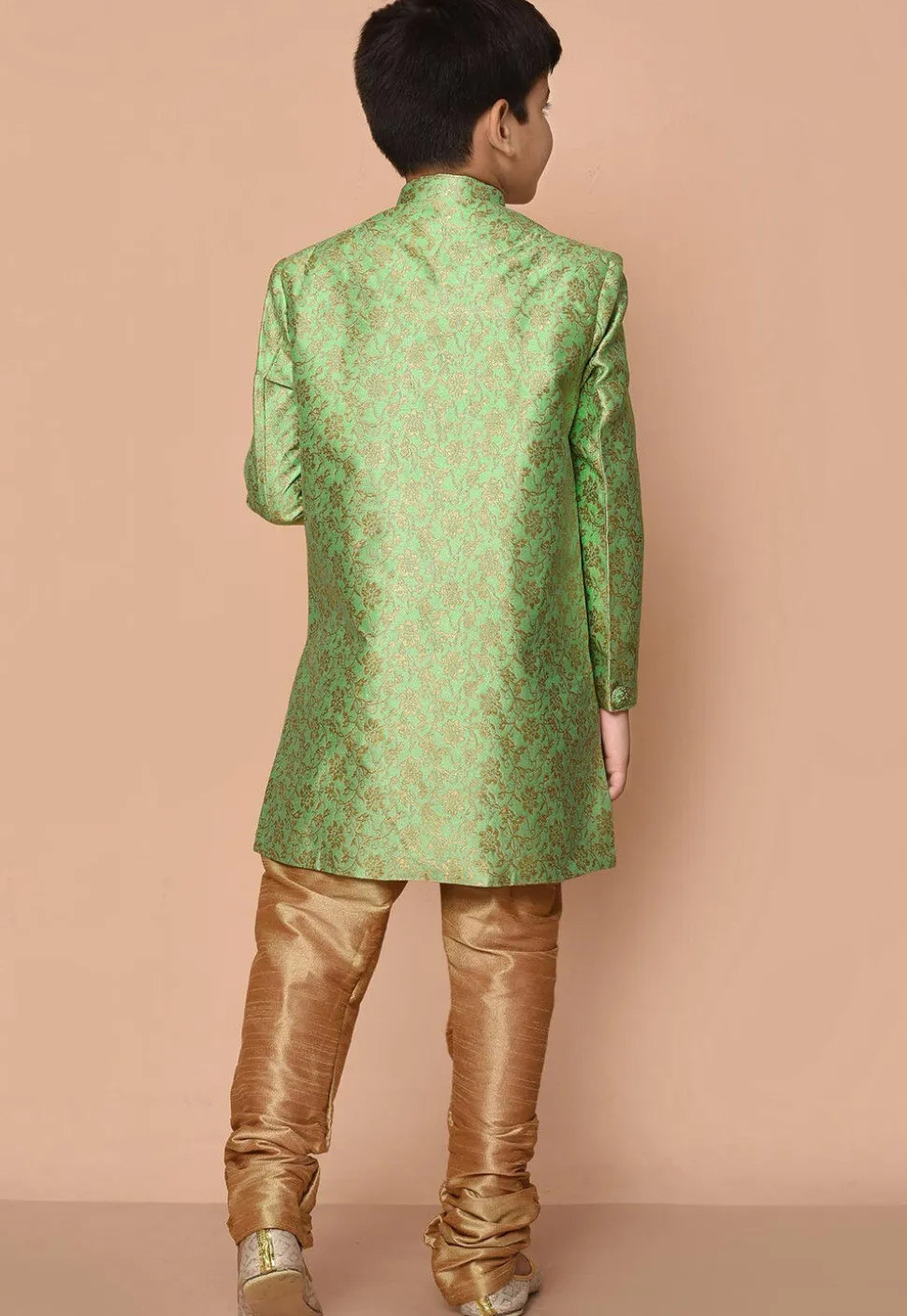 Woven Art Silk Jacquard Asymmetric Kurta Set in Green