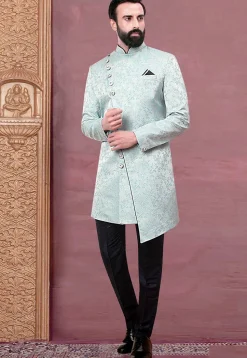 Woven Art Silk Jacquard Asymmetric Sherwani in Sky Blue
