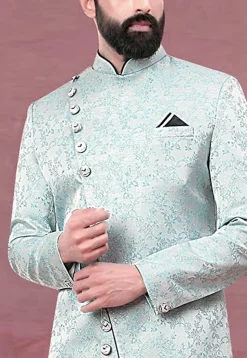 Woven Art Silk Jacquard Asymmetric Sherwani in Sky Blue