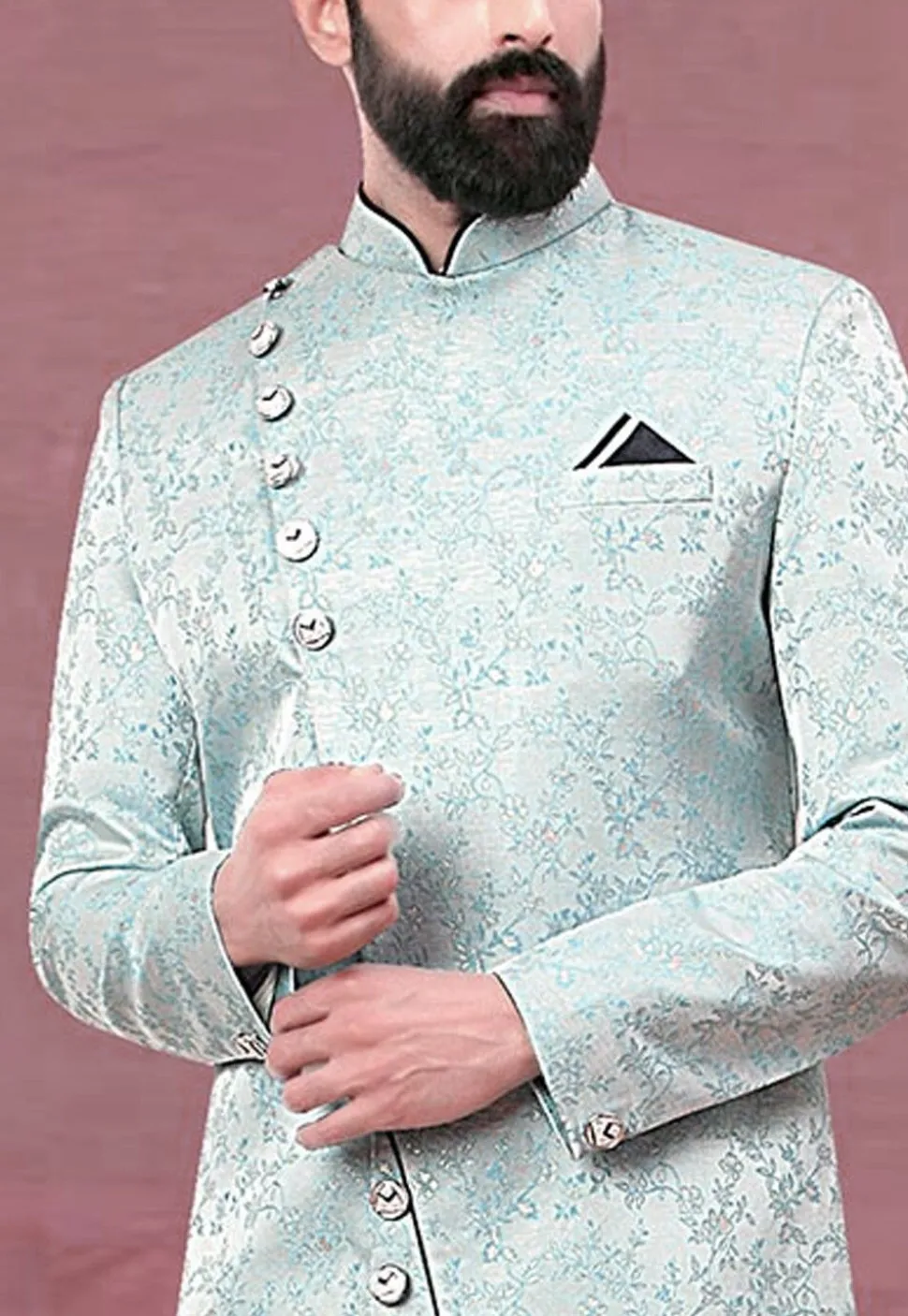 Woven Art Silk Jacquard Asymmetric Sherwani in Sky Blue