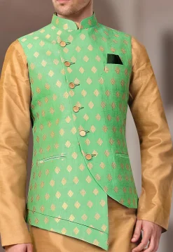 Woven Art Silk Jacquard Asymmetric Nehru Jacket in Light Green