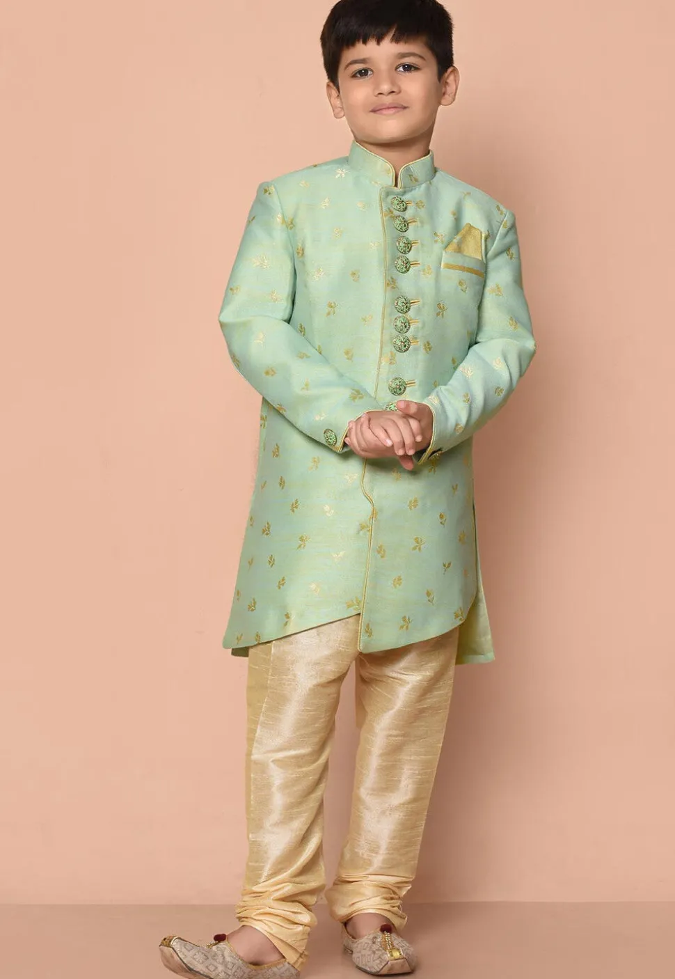 Woven Art Silk Jacquard Asymmetric Kurta Set in Pastel Green