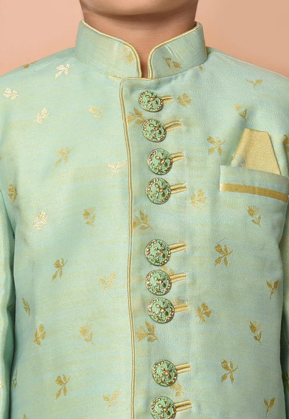 Woven Art Silk Jacquard Asymmetric Kurta Set in Pastel Green