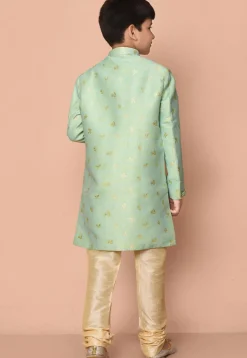 Woven Art Silk Jacquard Asymmetric Kurta Set in Pastel Green