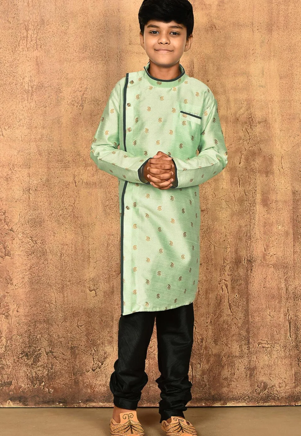 Woven Art Silk Jacquard Asymmetric Sherwani Set in Sea Green