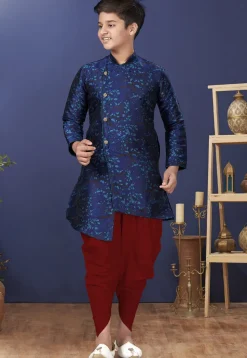 Woven Art Silk Jacquard Asymmetric Dhoti Sherwani in Navy Blue