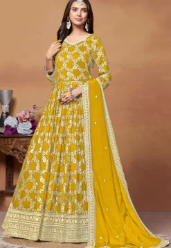 Woven Art Silk Jacquard Abaya Style Suit in Mustard