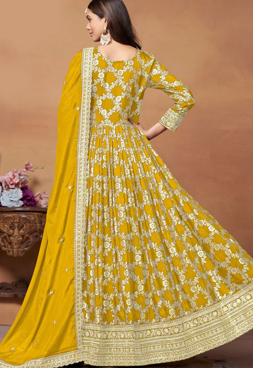 Woven Art Silk Jacquard Abaya Style Suit in Mustard