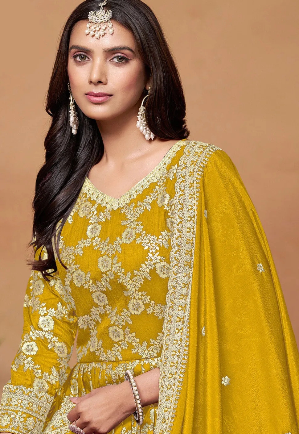 Woven Art Silk Jacquard Abaya Style Suit in Mustard