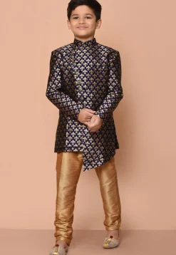Woven Art Silk Jacquard Asymmetric Kurta Set in Navy Blue