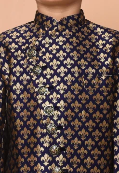 Woven Art Silk Jacquard Asymmetric Kurta Set in Navy Blue