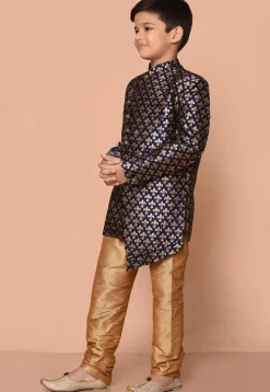 Woven Art Silk Jacquard Asymmetric Kurta Set in Navy Blue