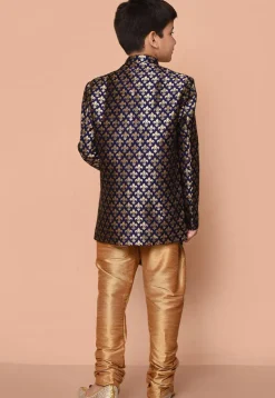 Woven Art Silk Jacquard Asymmetric Kurta Set in Navy Blue
