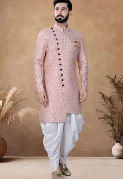 Woven Art Silk Jacquard Asymmetric Sherwani in Pink