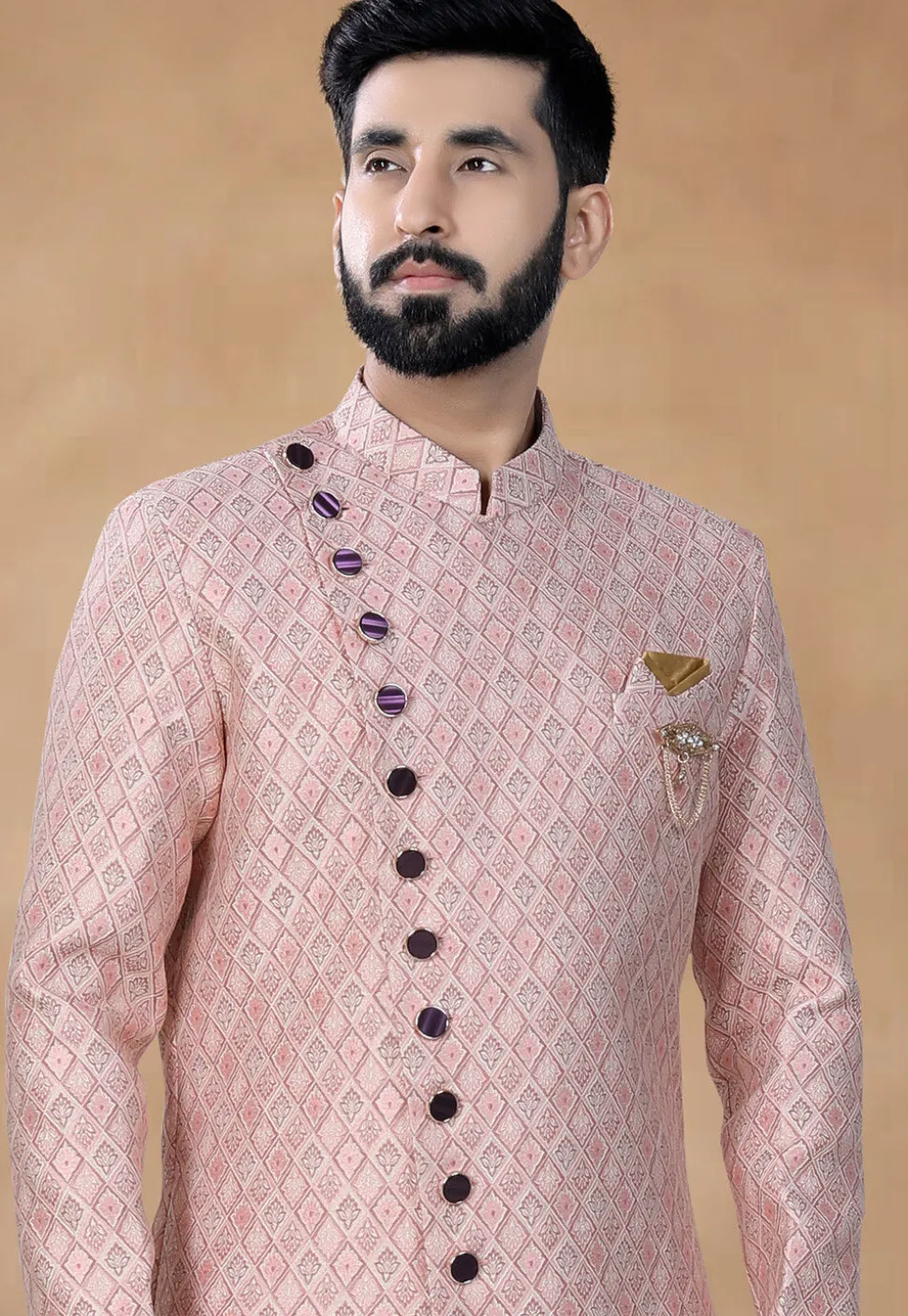 Woven Art Silk Jacquard Asymmetric Sherwani in Pink