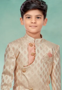 Woven Art Silk Jacquard Asymmetric Sherwani in Cream and Pink